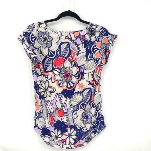 Express Blue and Red Floral Print Rolled Sleeve Blouse Size XS - Picture 3 of 6